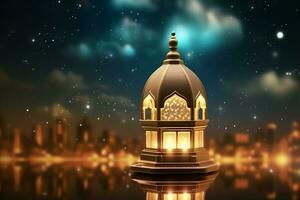 Eid mubarak and ramadan kareem greetings with islamic lantern and mosque. Eid al fitr background. Eid al fitr background of window concept by AI Generated photo