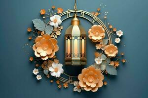 Eid mubarak and ramadan kareem greetings with islamic lantern and mosque. Eid al fitr background. Eid al fitr background of window concept by AI Generated photo