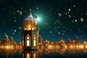 Eid mubarak and ramadan kareem greetings with islamic lantern and mosque. Eid al fitr background. Eid al fitr background of window concept by AI Generated photo