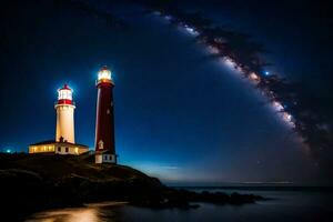 two lighthouse towers at night with the milky way in the background. AI-Generated photo