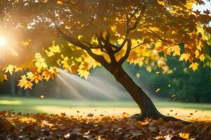 autumn leaves on the ground in front of a tree. AI-Generated photo