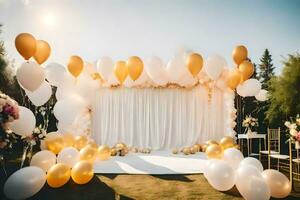 un Boda ceremonia con blanco y oro globos generado por ai foto