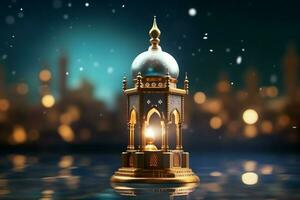 Eid mubarak and ramadan kareem greetings with islamic lantern and mosque. Eid al fitr background. Eid al fitr background of window concept by AI Generated photo