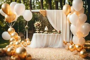 a wedding reception with gold balloons and white curtains. AI-Generated photo