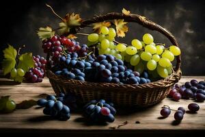 grapes in a basket on a table. AI-Generated photo