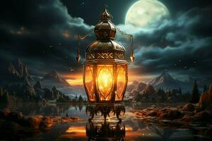 Eid mubarak and ramadan kareem greetings with islamic lantern and mosque. Eid al fitr background. Eid al fitr background of window concept by AI Generated photo