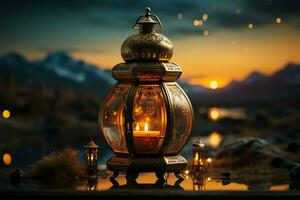 Eid mubarak and ramadan kareem greetings with islamic lantern and mosque. Eid al fitr background. Eid al fitr background of window concept by AI Generated photo