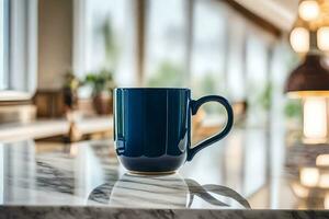 a blue mug sitting on a marble counter. AI-Generated photo