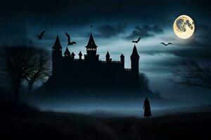 Víspera de Todos los Santos castillo en el noche con murciélagos volador alrededor. generado por ai foto