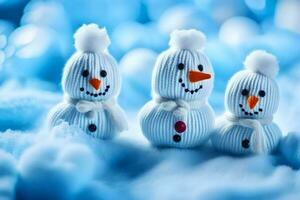 three snowmen are sitting in the snow. AI-Generated photo