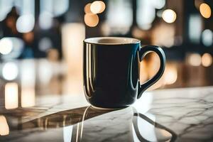 a black coffee cup sitting on a marble counter. AI-Generated photo