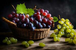 grapes in a basket on a wooden table. AI-Generated photo