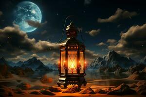 Eid mubarak and ramadan kareem greetings with islamic lantern and mosque. Eid al fitr background. Eid al fitr background of window concept by AI Generated photo