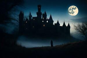 a castle in the dark with a full moon. AI-Generated photo