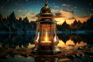 Eid mubarak and ramadan kareem greetings with islamic lantern and mosque. Eid al fitr background. Eid al fitr background of window concept by AI Generated photo