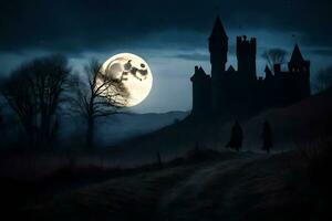 un lleno Luna terminado un castillo en el oscuro. generado por ai foto