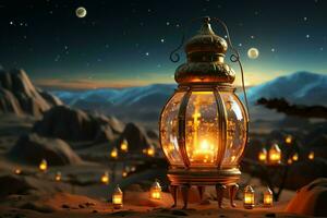 Eid mubarak and ramadan kareem greetings with islamic lantern and mosque. Eid al fitr background. Eid al fitr background of window concept by AI Generated photo