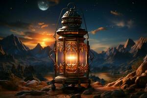 Eid mubarak and ramadan kareem greetings with islamic lantern and mosque. Eid al fitr background. Eid al fitr background of window concept by AI Generated photo