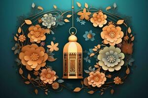 Eid mubarak and ramadan kareem greetings with islamic lantern and mosque. Eid al fitr background. Eid al fitr background of window concept by AI Generated photo