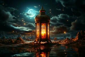 Eid mubarak and ramadan kareem greetings with islamic lantern and mosque. Eid al fitr background. Eid al fitr background of window concept by AI Generated photo