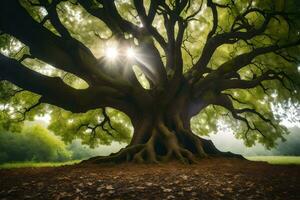 el Dom brilla mediante el ramas de un grande árbol. generado por ai foto