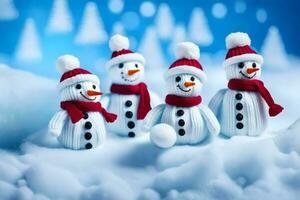 five snowmen wearing red hats and scarves. AI-Generated photo