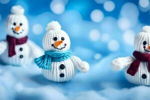 three snowmen are wearing scarves and hats. AI-Generated photo