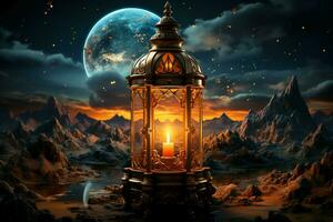 Eid mubarak and ramadan kareem greetings with islamic lantern and mosque. Eid al fitr background. Eid al fitr background of window concept by AI Generated photo