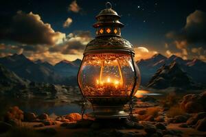 Eid mubarak and ramadan kareem greetings with islamic lantern and mosque. Eid al fitr background. Eid al fitr background of window concept by AI Generated photo