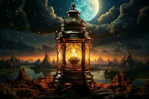 Eid mubarak and ramadan kareem greetings with islamic lantern and mosque. Eid al fitr background. Eid al fitr background of window concept by AI Generated photo