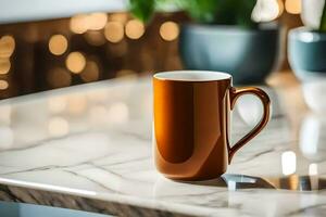 a coffee cup sitting on a marble counter. AI-Generated photo