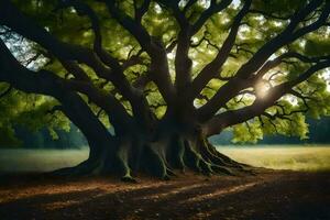 the sun shines through the trunk of a large tree. AI-Generated photo
