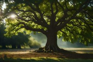 un grande árbol en el medio de un campo. generado por ai foto