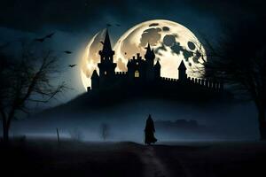 halloween castle with a full moon in the background. AI-Generated photo