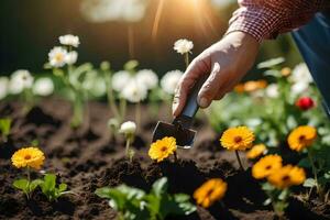 a man is digging in the dirt with a garden trowel. AI-Generated photo