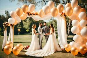 wedding couple under the arch of balloons. AI-Generated photo