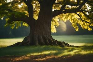 un grande árbol con raíces en el césped. generado por ai foto