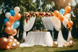 a wedding table with balloons and flowers. AI-Generated photo