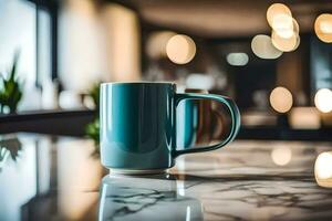 a blue mug on a marble countertop. AI-Generated photo