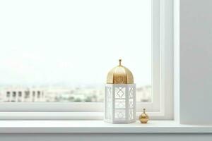 Eid mubarak and ramadan kareem greetings with islamic lantern and mosque. Eid al fitr background. Eid al fitr background of window concept by AI Generated photo