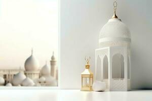 Eid mubarak and ramadan kareem greetings with islamic lantern and mosque. Eid al fitr background. Eid al fitr background of window concept by AI Generated photo