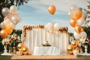 a wedding reception with gold and white balloons. AI-Generated photo