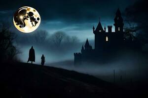 a man and woman walking in front of a castle in the dark. AI-Generated photo