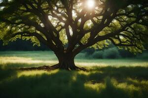 the sun shines through the leaves of a large tree. AI-Generated photo