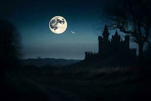 un castillo en el oscuro con un lleno Luna. generado por ai foto