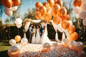 wedding party in the desert with orange and white balloons. AI-Generated photo