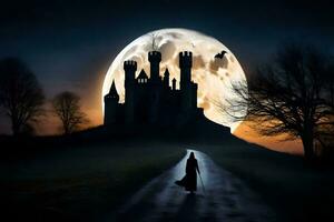 a woman walks down a path in front of a castle. AI-Generated photo