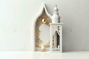 Eid mubarak and ramadan kareem greetings with islamic lantern and mosque. Eid al fitr background. Eid al fitr background of window concept by AI Generated photo