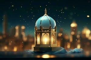 Eid mubarak and ramadan kareem greetings with islamic lantern and mosque. Eid al fitr background. Eid al fitr background of window concept by AI Generated photo