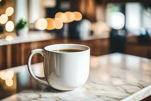 a coffee cup on a marble counter top. AI-Generated photo